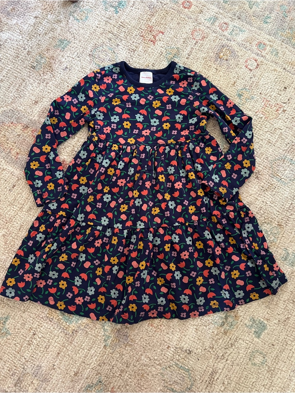 Hanna Andersson Floral Tiered Twirl Dress | Size 5 (110 cm) | Navy Long Sleeve